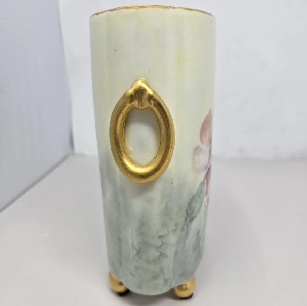 Antique Beauty Limoges Hand-painted Poppy Flower With Gold Accent Cachepot Vase